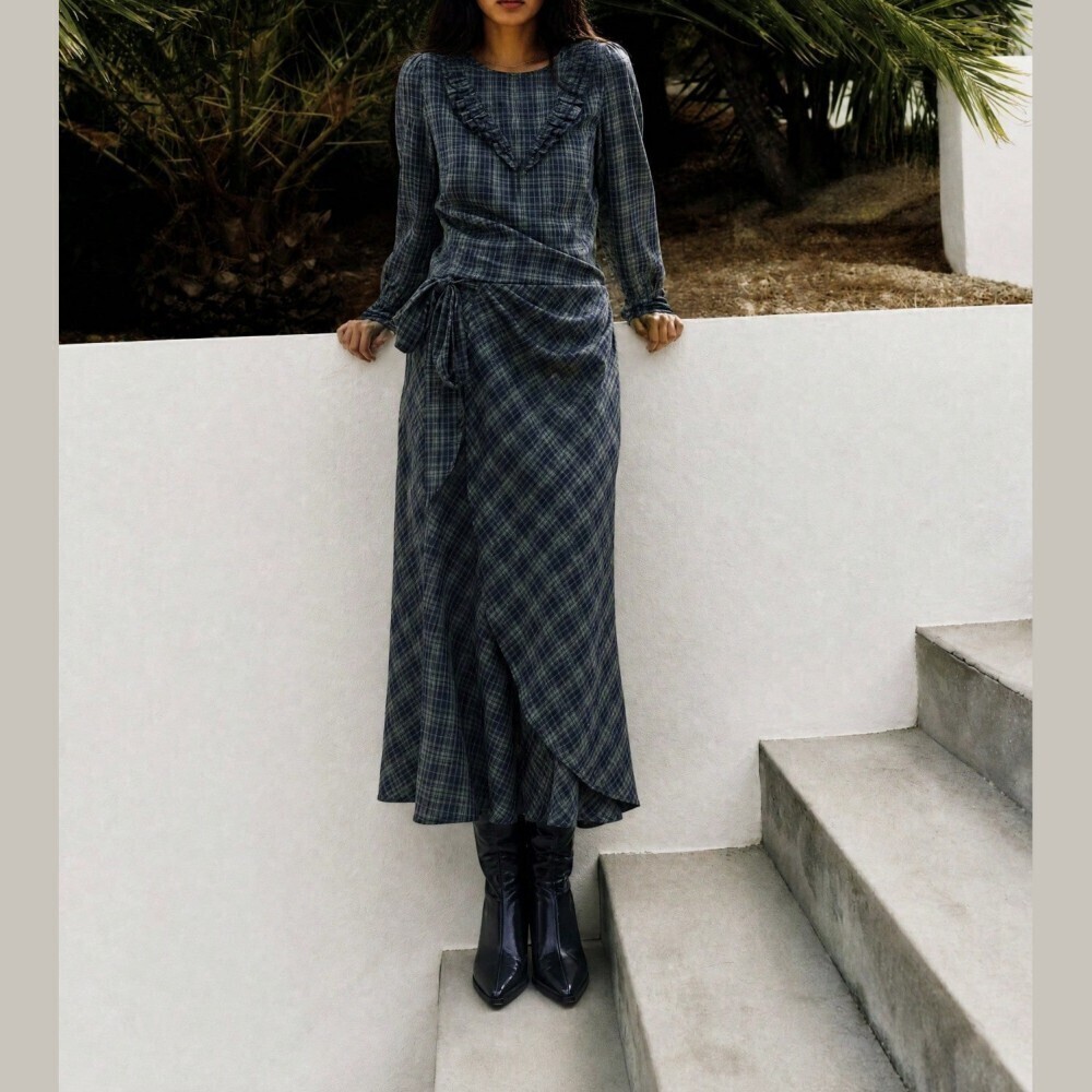 Blue Plaid Ruffle Trim Blouse and Wrap Front Maxi Skirt Two Piece Set